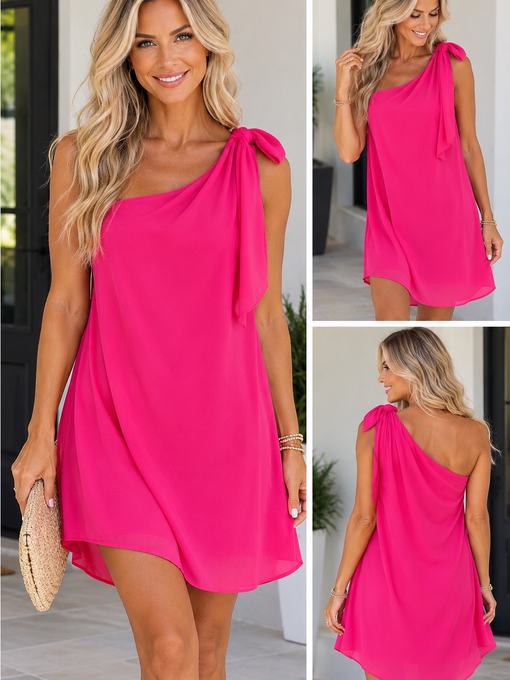 Pink Lily One-Shoulder Tie Mini Dress - Hot Pink